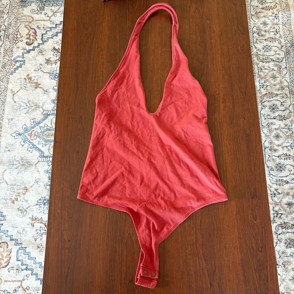 Express Women’s Bright Red Plunge Vneck Halter Bodysuit Tank Cotton Spandex